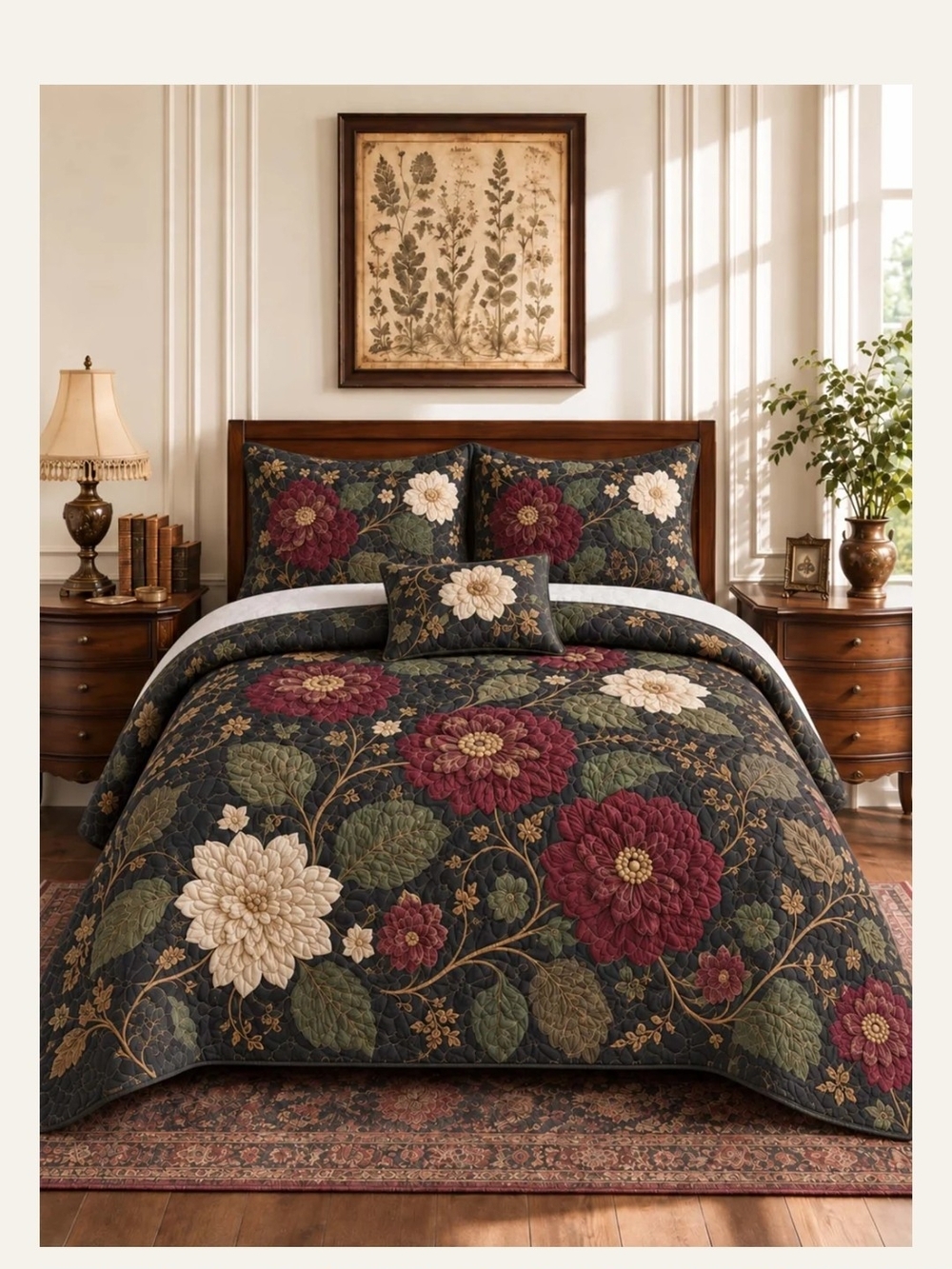Dark Botanical Floral Quilted 3-Piece Bedding Set NEW TWIN